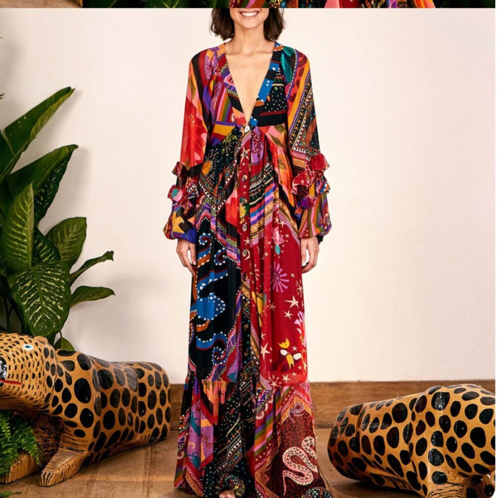 Farm Rio Diagonal Scarves Button Down Maxi Dress